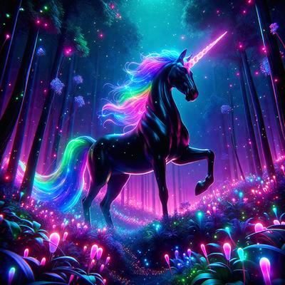 The primary subject of the image is a colorful, rainbow-colored unicorn standing in a forest. The setting is a lush, colorful forest with trees and flowers, creating a vibrant and magical atmosphere. The visual style is a digital art or illustration, showcasing the unicorn's unique and eye-catching appearance. The colors and mood of the image are predominantly bright and cheerful, with the unicorn's colors and the forest's vibrant